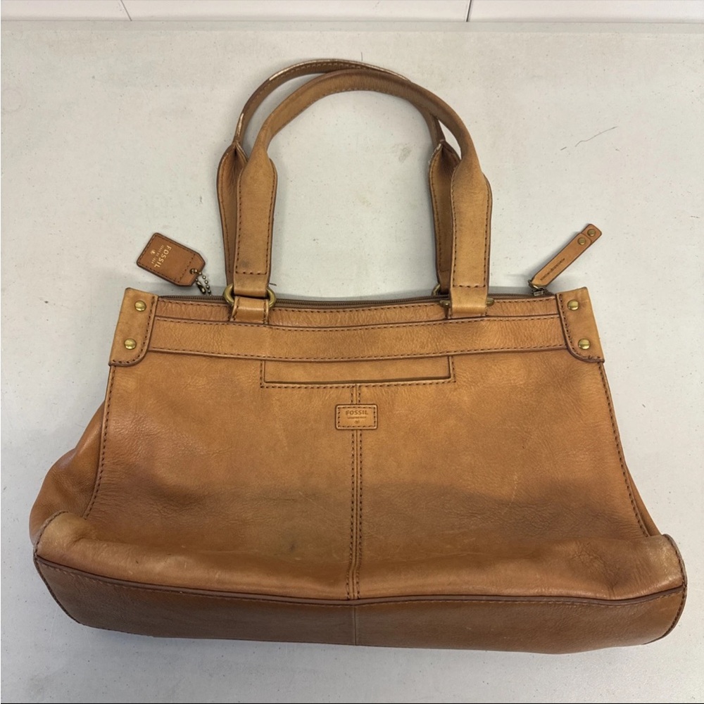 Fossil Satchel/Handbag Brown Leather W/ Brass Tone Hardware, Fossil Dangle Charm